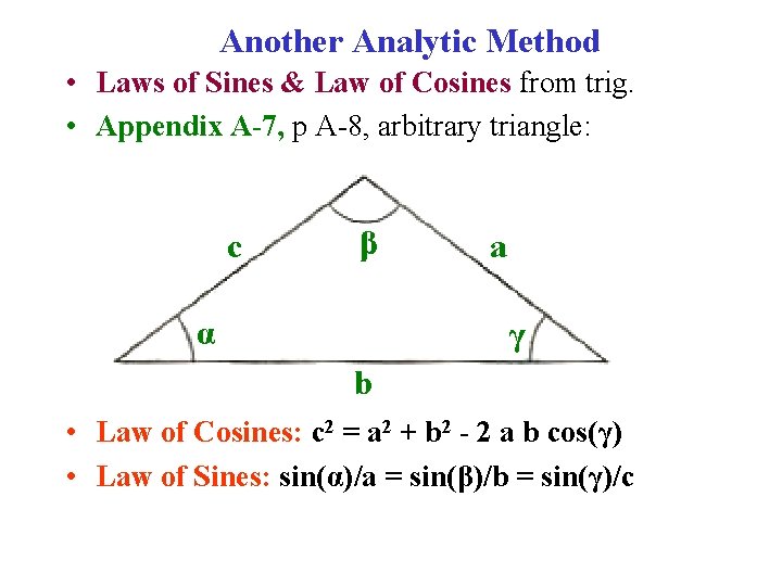 Another Analytic Method • Laws of Sines & Law of Cosines from trig. •