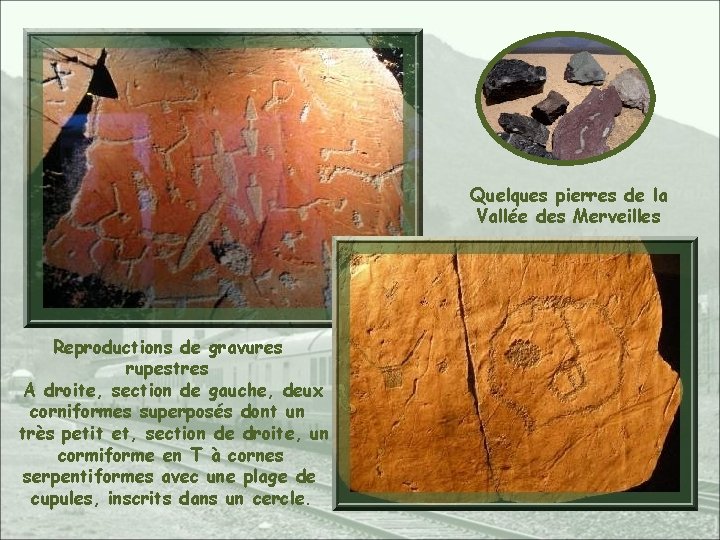 Quelques pierres de la Vallée des Merveilles Reproductions de gravures rupestres A droite, section