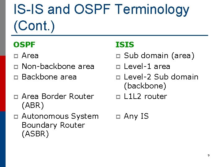 IS-IS and OSPF Terminology (Cont. ) OSPF p Area p Non-backbone area p Backbone