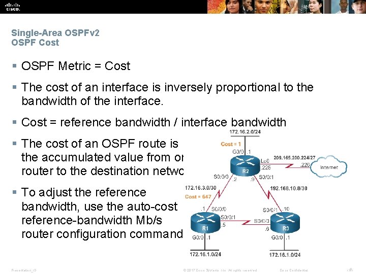 Single-Area OSPFv 2 OSPF Cost § OSPF Metric = Cost § The cost of Single-Area OSPFv 2 OSPF Cost § OSPF Metric = Cost § The cost of