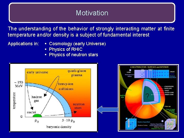 Motivation The understanding of the behavior of strongly interacting matter at finite temperature and/or