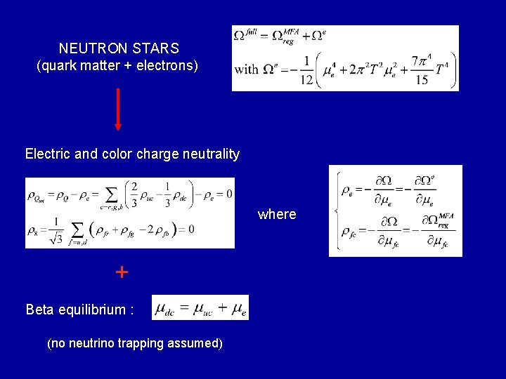 NEUTRON STARS (quark matter + electrons) Electric and color charge neutrality where + Beta