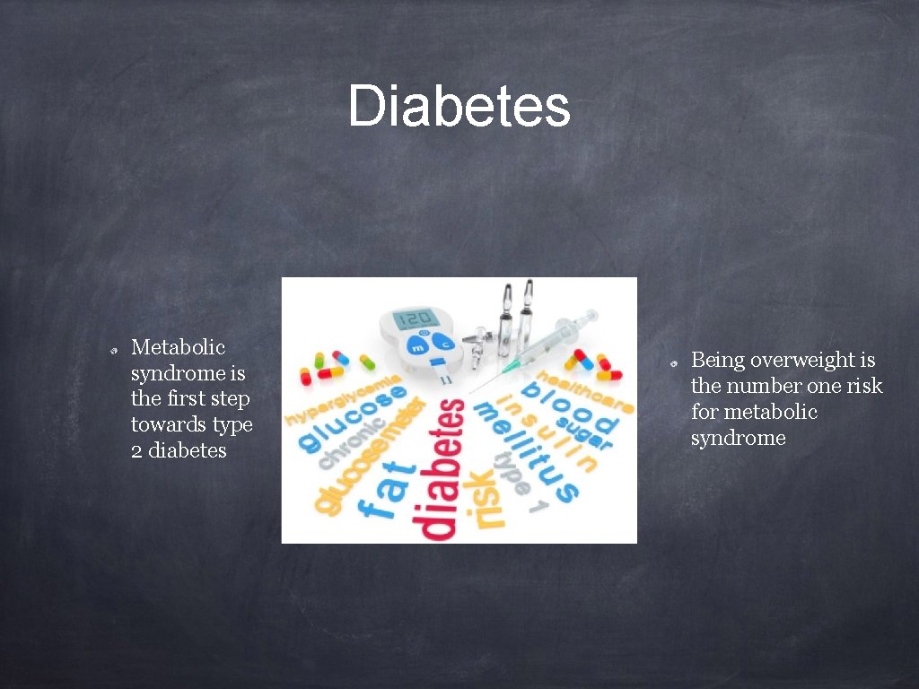 Diabetes Metabolic syndrome is the first step towards type 2 diabetes Being overweight is