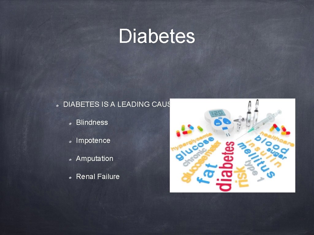 Diabetes DIABETES IS A LEADING CAUSE OF Blindness Impotence Amputation Renal Failure 