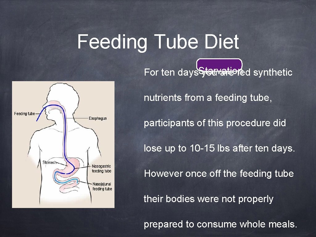Feeding Tube Diet For ten days. Starvation you are fed synthetic nutrients from a