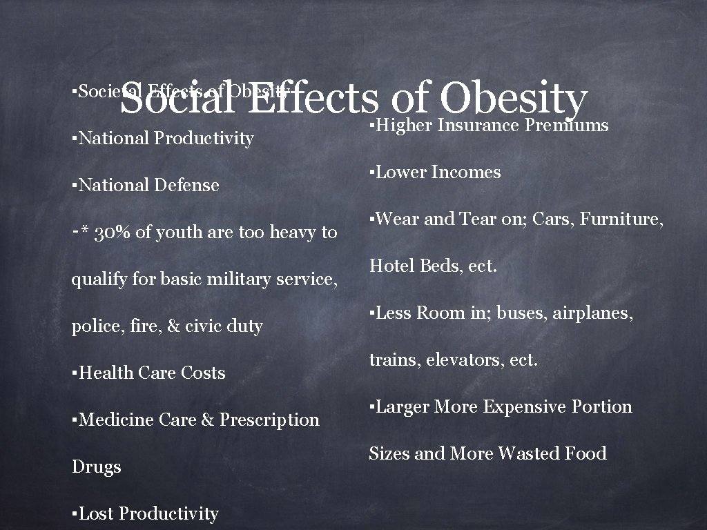 Social Effects▪Higher of Insurance Obesity Premiums ▪Societal Effects of Obesity ▪National Productivity ▪National Defense
