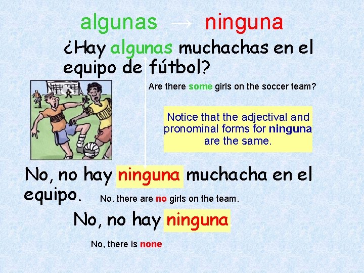 algunas → ninguna ¿Hay algunas muchachas en el equipo de fútbol? Are there some algunas → ninguna ¿Hay algunas muchachas en el equipo de fútbol? Are there some