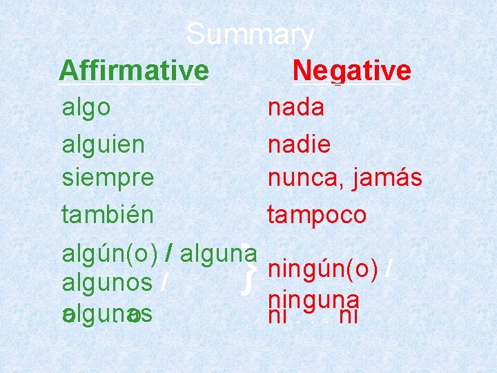 Summary Affirmative Negative algo alguien siempre también algún(o) / alguna algunos / algunas o. Summary Affirmative Negative algo alguien siempre también algún(o) / alguna algunos / algunas o.