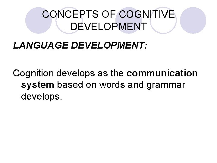 CONCEPTS OF COGNITIVE DEVELOPMENT LANGUAGE DEVELOPMENT: Cognition develops as the communication system based on