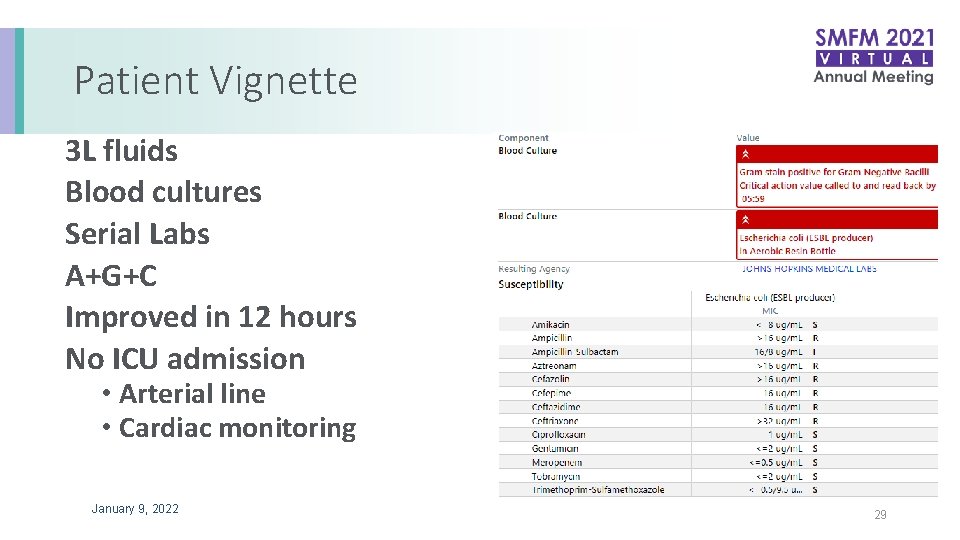 Patient Vignette 3 L fluids Blood cultures Serial Labs A+G+C Improved in 12 hours