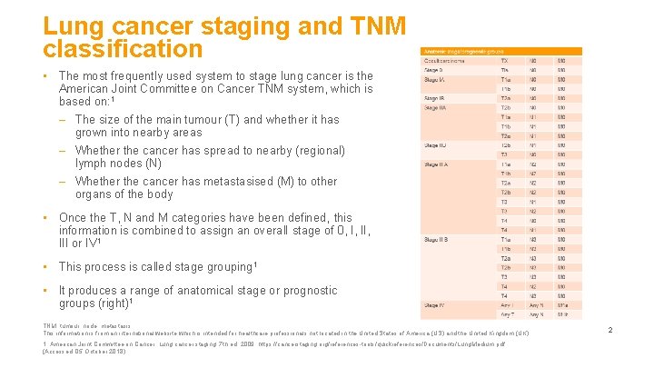 Lung cancer staging and TNM classification • The most frequently used system to stage
