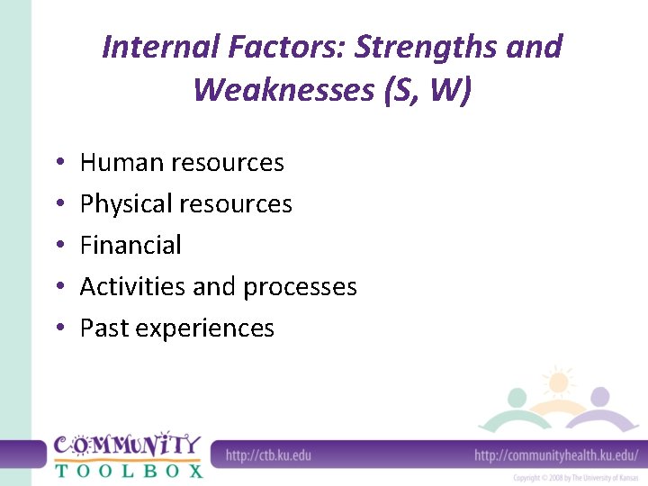 Internal Factors: Strengths and Weaknesses (S, W) • • • Human resources Physical resources
