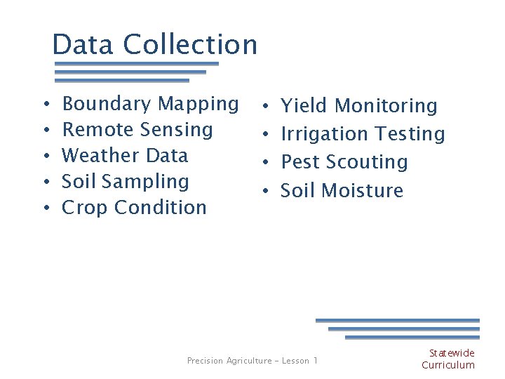 Data Collection • • • Boundary Mapping Remote Sensing Weather Data Soil Sampling Crop