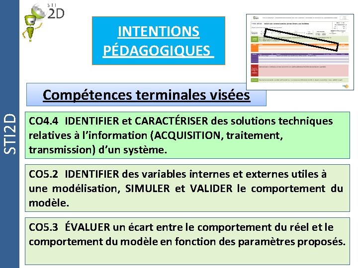 STI 2 D INTENTIONS PÉDAGOGIQUES Compétences terminales visées CO 4. 4 IDENTIFIER et CARACTÉRISER