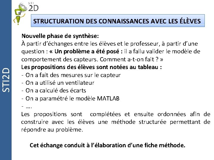 STI 2 D STRUCTURATION DES CONNAISSANCES AVEC LES ÉLÈVES Nouvelle phase de synthèse: À