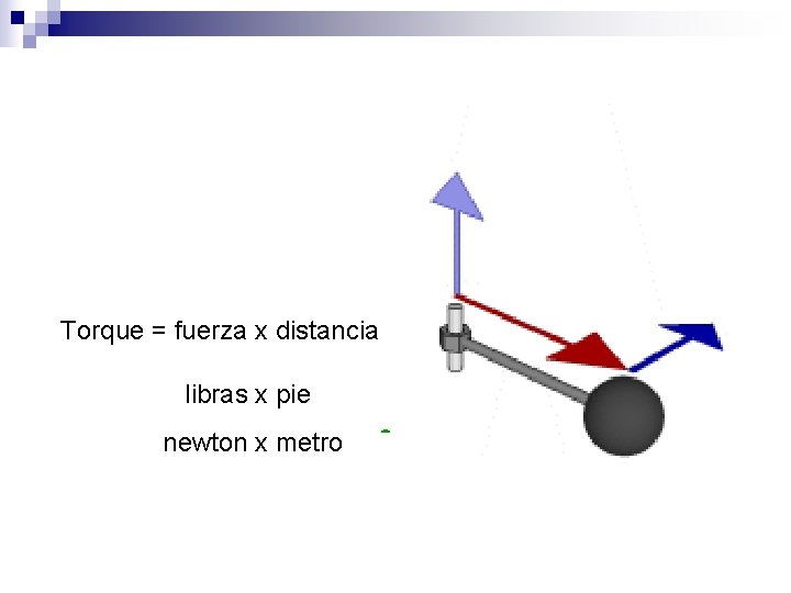 Torque = fuerza x distancia libras x pie newton x metro 
