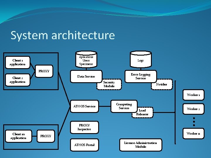 System architecture Client 1 application Aplications Users Specimens Logs Data Service Error Logging Service
