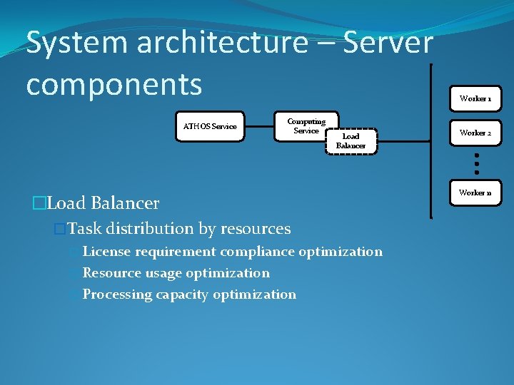 System architecture – Server components ATHOS Service Computing Service Load Balancer �Task distribution by