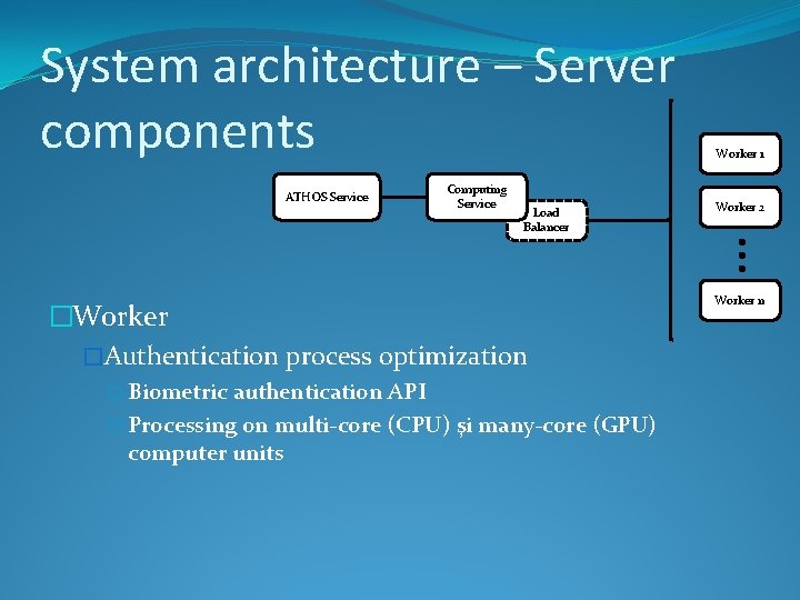 System architecture – Server components ATHOS Service Computing Service Load Balancer �Worker �Authentication process