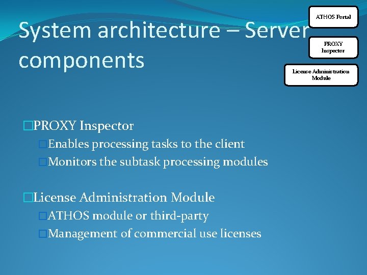 System architecture – Server components ATHOS Portal PROXY Inspector License Administration Module �PROXY Inspector