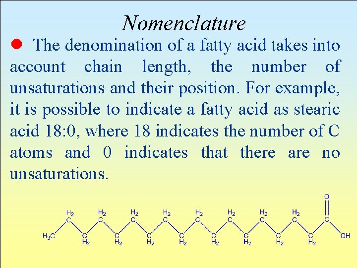 Nomenclature l The denomination of a fatty acid takes into account chain length, the