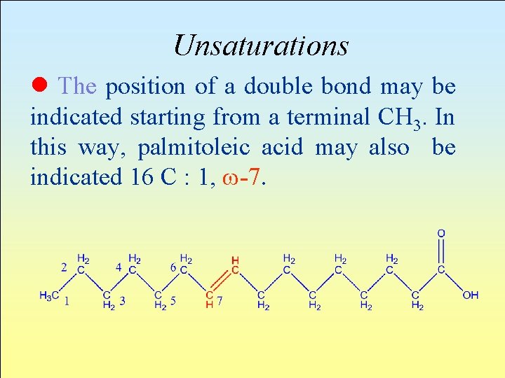 Unsaturations l The position of a double bond may be indicated starting from a