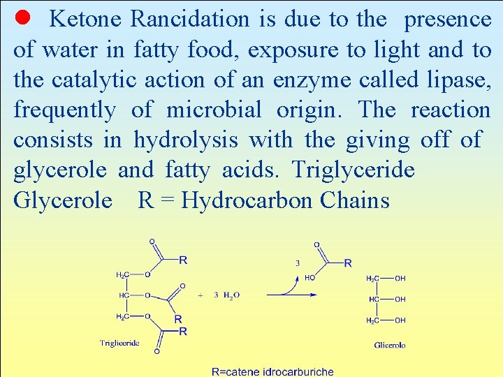 l Ketone Rancidation is due to the presence of water in fatty food, exposure