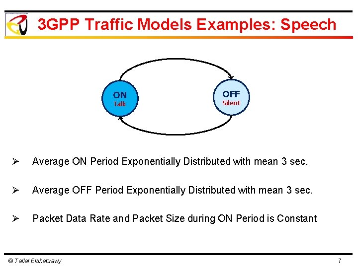 3 GPP Traffic Models Examples: Speech ON Talk OFF Silent Ø Average ON Period