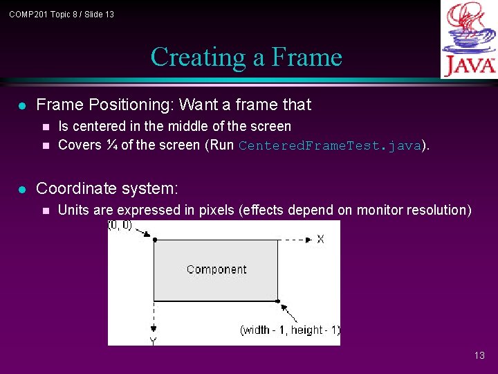 COMP 201 Topic 8 / Slide 13 Creating a Frame l Frame Positioning: Want COMP 201 Topic 8 / Slide 13 Creating a Frame l Frame Positioning: Want