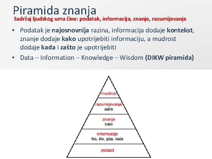 Piramida znanja Sadržaj ljudskog uma čine: podatak, informacija, znanje, razumijevanje • Podatak je najosnovnija