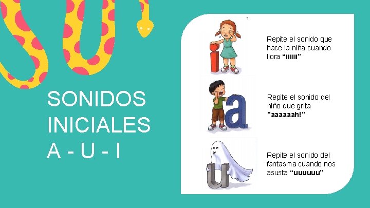 Repite el sonido que hace la niña cuando llora “iiiiii” SONIDOS INICIALES A-U-I Repite