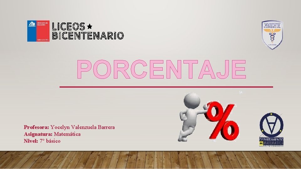 PORCENTAJE Profesora: Yocelyn Valenzuela Barrera Asignatura: Matemática Nivel: 7° básico 