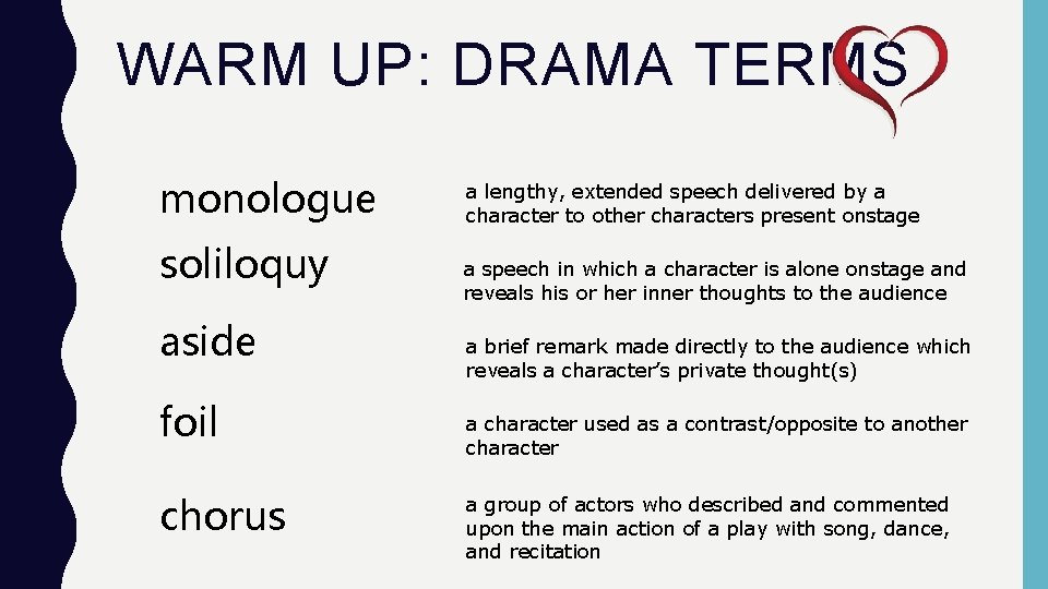 WARM UP: DRAMA TERMS monologue soliloquy aside foil chorus a lengthy, extended speech delivered