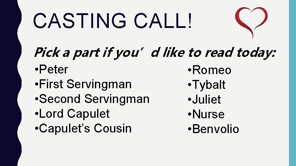 CASTING CALL! Pick a part if you’d like to read today: • Peter •
