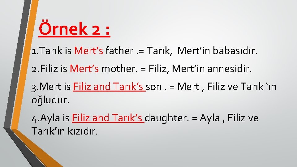 Örnek 2 : 1. Tarık is Mert’s father. = Tarık, Mert’in babasıdır. 2. Filiz