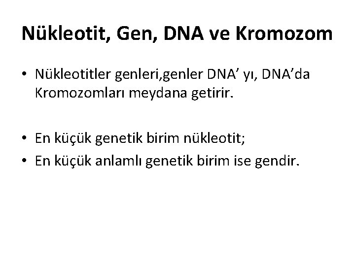 Nükleotit, Gen, DNA ve Kromozom • Nükleotitler genleri, genler DNA’ yı, DNA’da Kromozomları meydana