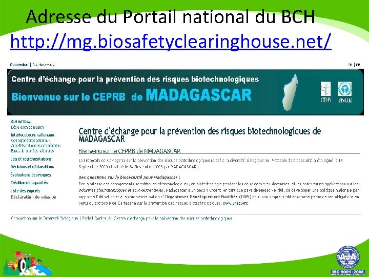 Adresse du Portail national du BCH http: //mg. biosafetyclearinghouse. net/ 