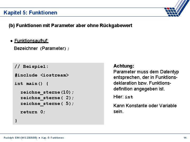 Kapitel 5: Funktionen (b) Funktionen mit Parameter aber ohne Rückgabewert ● Funktionsaufruf: Bezeichner (Parameter);