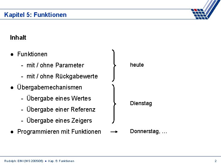 Kapitel 5: Funktionen Inhalt ● Funktionen - mit / ohne Parameter heute - mit