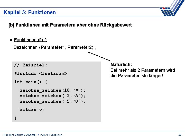 Kapitel 5: Funktionen (b) Funktionen mit Parametern aber ohne Rückgabewert ● Funktionsaufruf: Bezeichner (Parameter