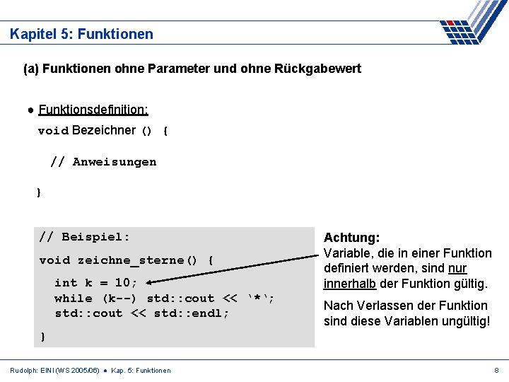 Kapitel 5: Funktionen (a) Funktionen ohne Parameter und ohne Rückgabewert ● Funktionsdefinition: void Bezeichner