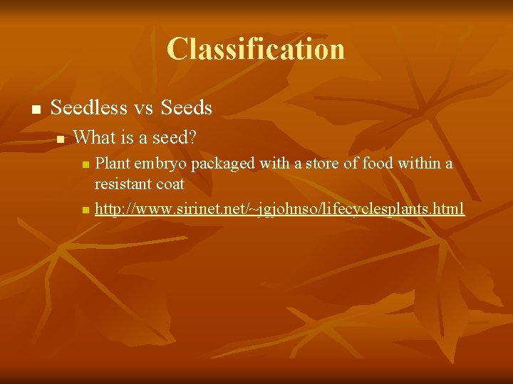 Classification n Seedless vs Seeds n What is a seed? Plant embryo packaged with