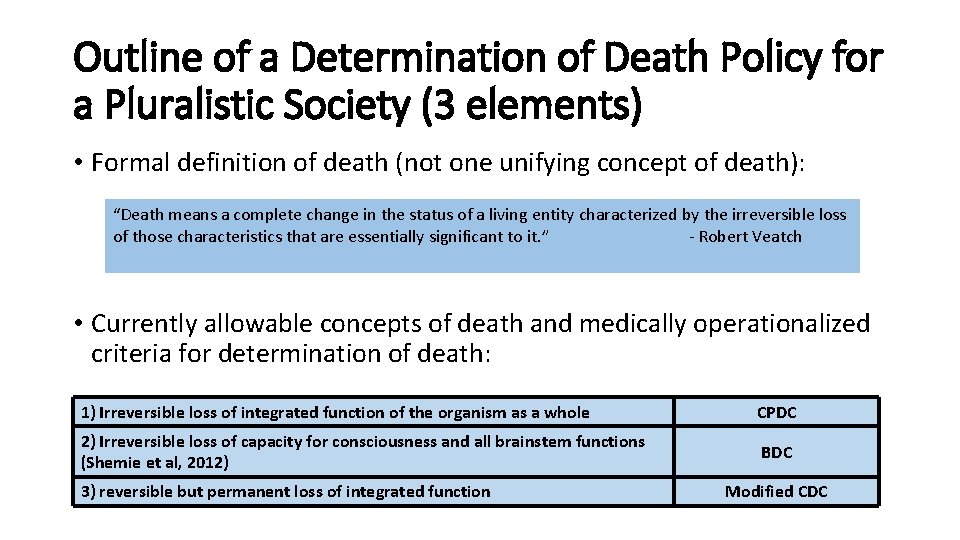 Outline of a Determination of Death Policy for a Pluralistic Society (3 elements) • Outline of a Determination of Death Policy for a Pluralistic Society (3 elements) •