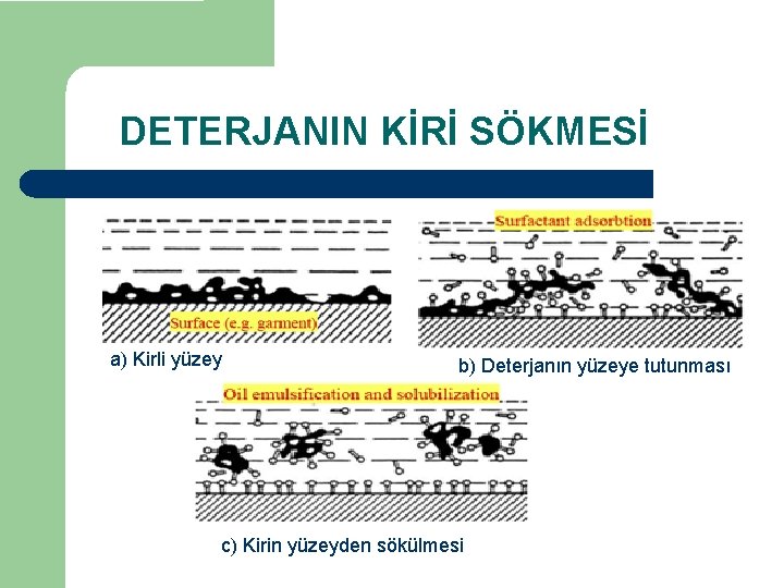 DETERJANIN KİRİ SÖKMESİ a) Kirli yüzey b) Deterjanın yüzeye tutunması c) Kirin yüzeyden sökülmesi