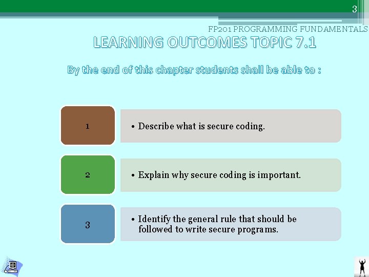 3 FP 201 PROGRAMMING FUNDAMENTALS LEARNING OUTCOMES TOPIC 7. 1 By the end of