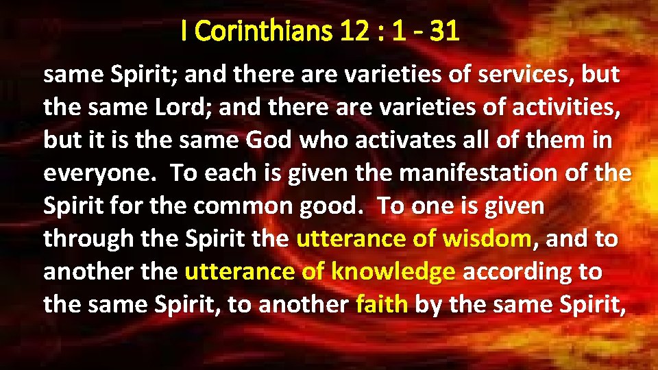 I Corinthians 12 : 1 - 31 same Spirit; and there are varieties of