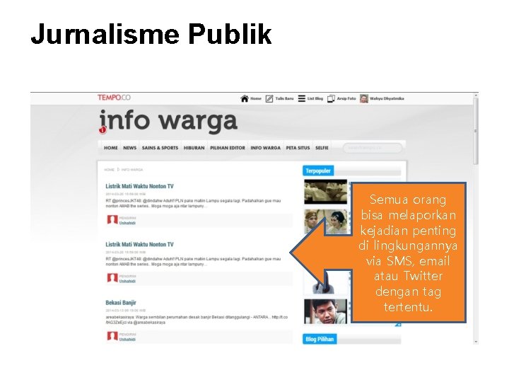Jurnalisme Publik Semua orang bisa melaporkan kejadian penting di lingkungannya via SMS, email atau Jurnalisme Publik Semua orang bisa melaporkan kejadian penting di lingkungannya via SMS, email atau