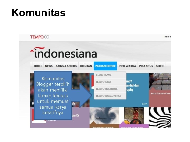Komunitas Blogger terpilih akan memiliki laman khusus untuk memuat semua karya kreatifnya Komunitas Blogger terpilih akan memiliki laman khusus untuk memuat semua karya kreatifnya