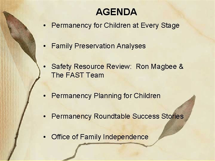 AGENDA • Permanency for Children at Every Stage • Family Preservation Analyses • Safety