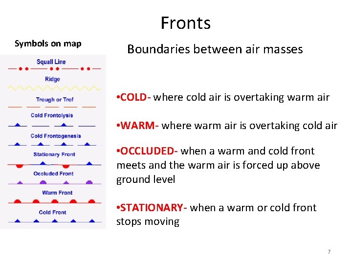Fronts Symbols on map Boundaries between air masses • COLD- where cold air is